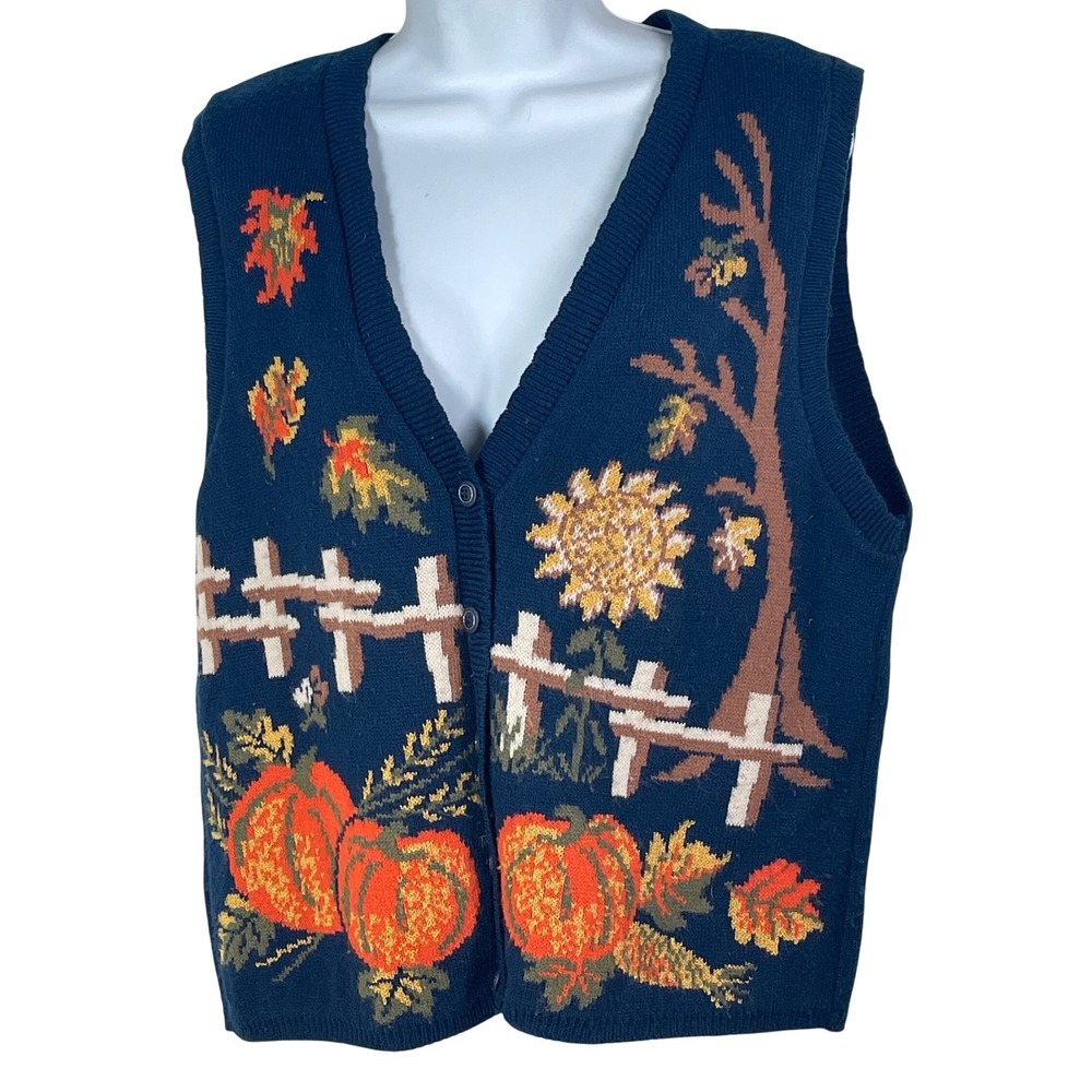 Company Collection Vintage Fall Harvest Pumpkin Sunflower Knit Sweater Vest Navy